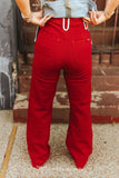 Red Stretch Denim Western Arrow Pocket Detail High Rise Wide Leg Jeans (32in Inseam)