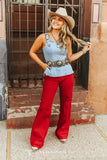 Red Stretch Denim Western Arrow Pocket Detail High Rise Wide Leg Jeans (32in Inseam)
