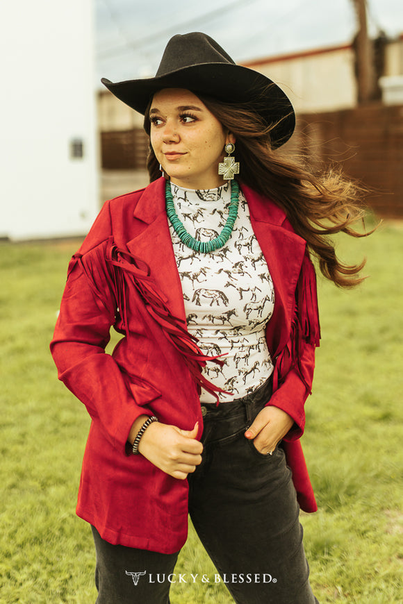 RED CONCHO BUTTON DOWN FRINGE LAPEL BLAZER