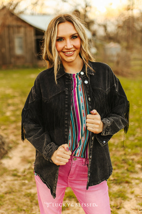 BLACK WASH DENIM FRINGE JACKET