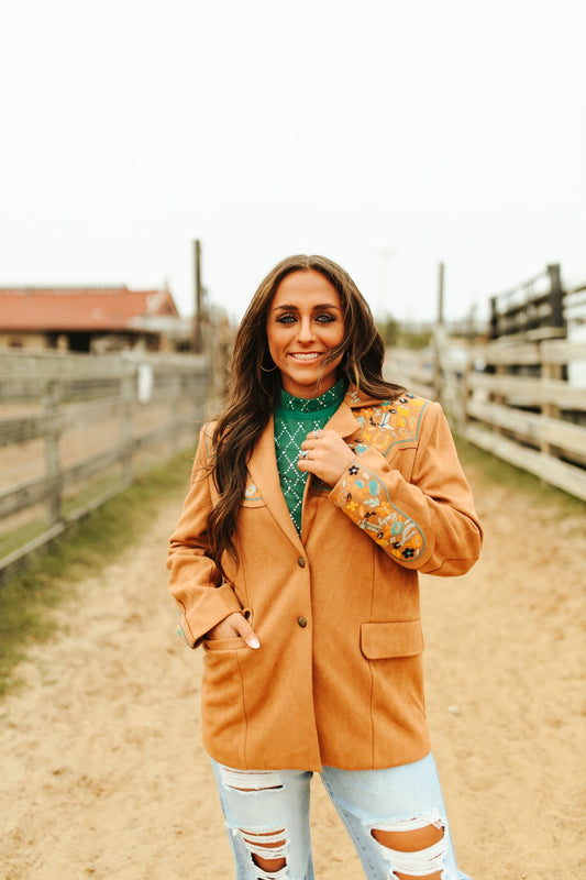 CAMEL SUEDE LUCKY EMBROIDERED SLEEVE BLAZER