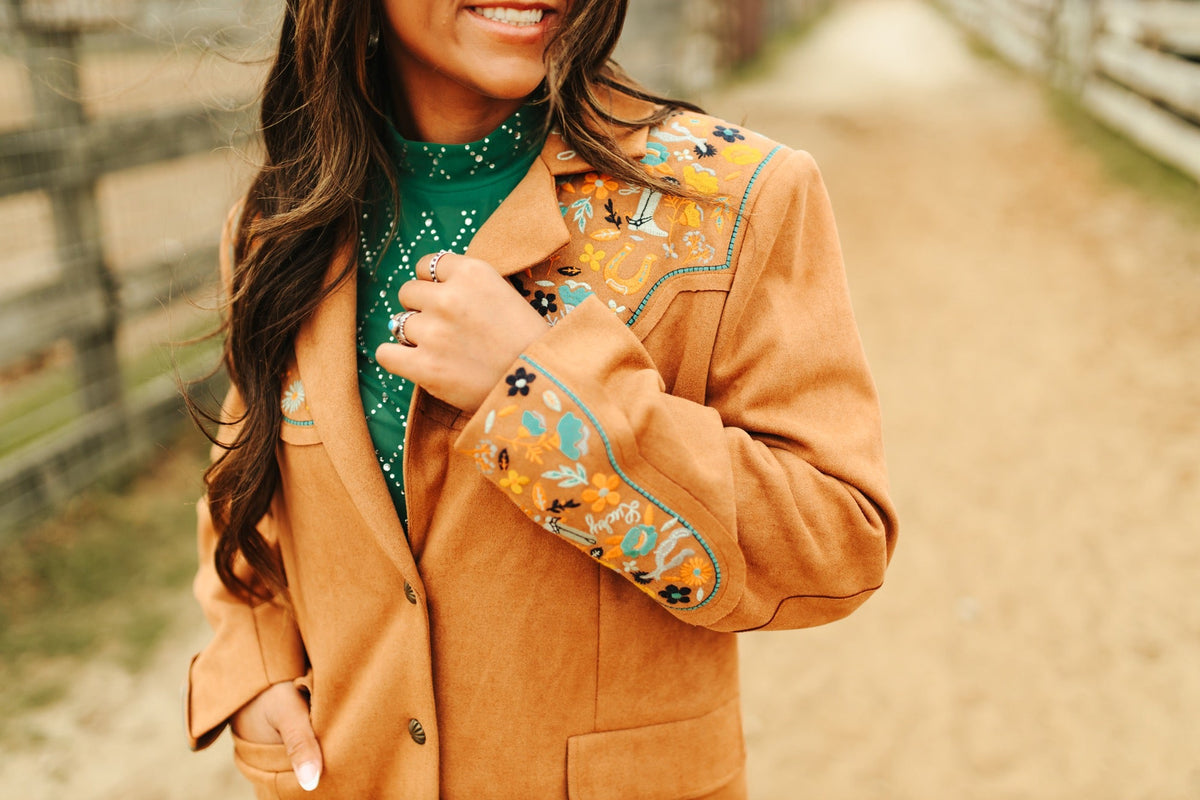 CAMEL SUEDE LUCKY EMBROIDERED SLEEVE BLAZER