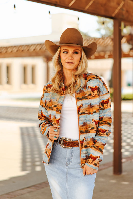 DESERT HORSE PRINTED QUILTED JACKET. W FRONT POCKETS