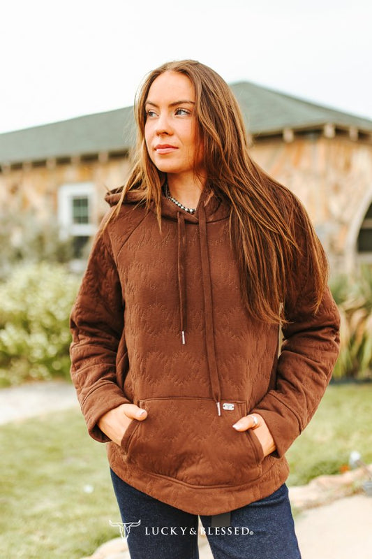 QUILTED DRAWSTRING FRONT POCKET HOODIE - BROWN