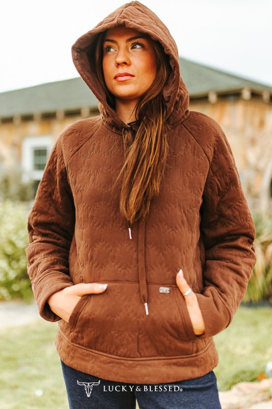 QUILTED DRAWSTRING FRONT POCKET HOODIE - BROWN