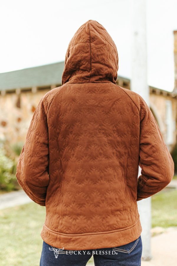 QUILTED DRAWSTRING FRONT POCKET HOODIE - BROWN