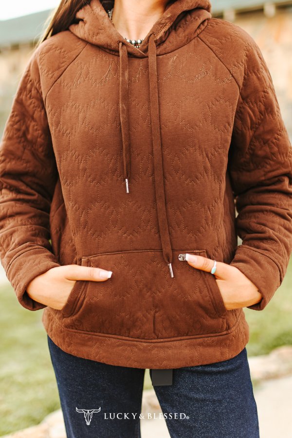 QUILTED DRAWSTRING FRONT POCKET HOODIE - BROWN