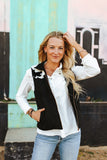 BLACK WESTERN PUFFER VEST W COWHIDE YOKES SIDE POCKETS