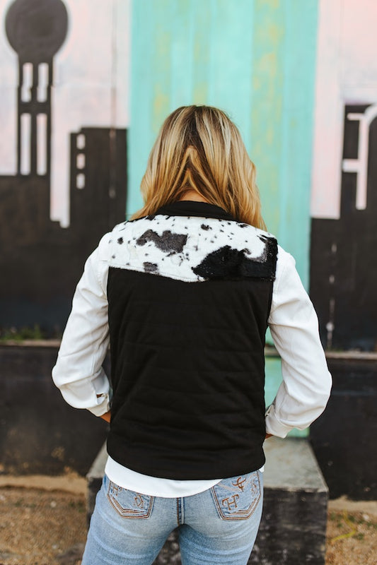 BLACK WESTERN PUFFER VEST W COWHIDE YOKES SIDE POCKETS