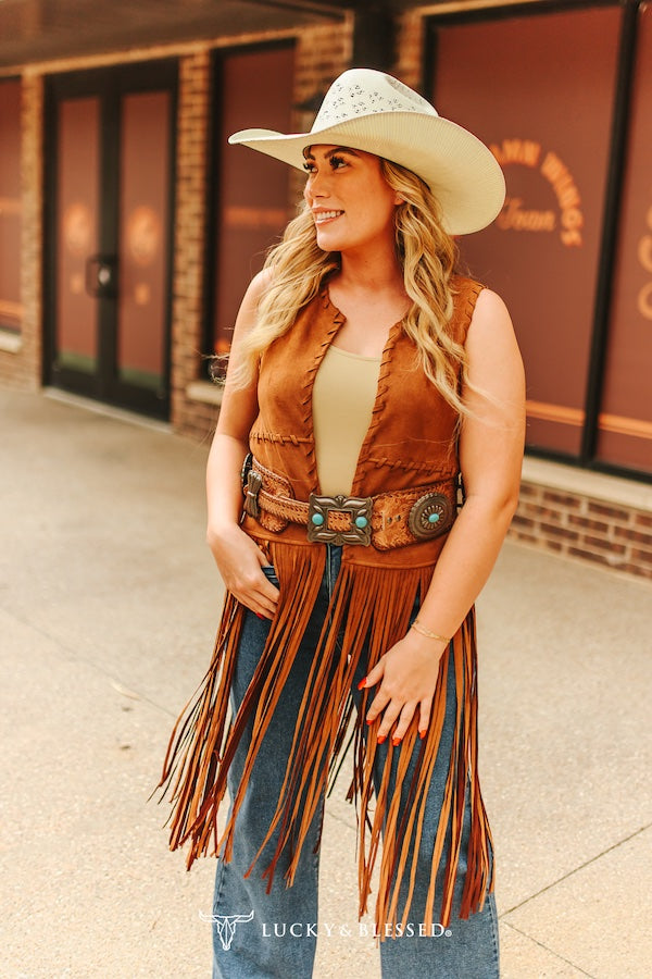 CAMEL STRETCH SUEDE VEST BUCKSTITCH FRINGE HEM