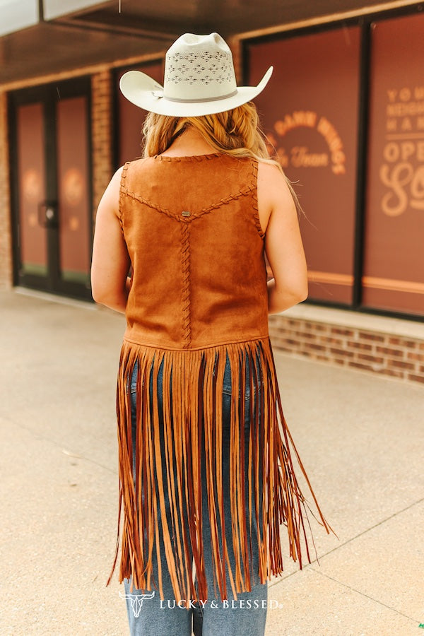 CAMEL STRETCH SUEDE VEST BUCKSTITCH FRINGE HEM