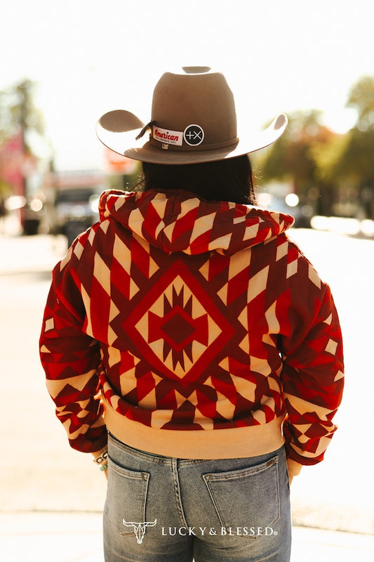 RUST AZTEC PRINTED ZIP UP CROP HOODIE