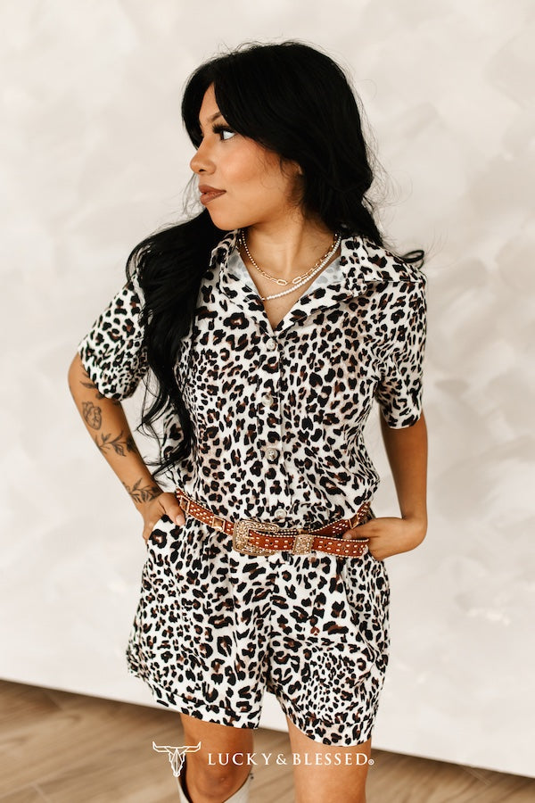LEOPARD PRINTED BUTTON DOWN ROMPER
