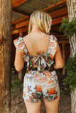WESTERN COLLAGE DOUBLE LAYERED RUFFLE SLEEVE ROMPER