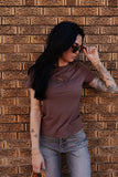 BUCK OUT CUT OUT SHORT SLEEVE TOP - CHOCOLATE