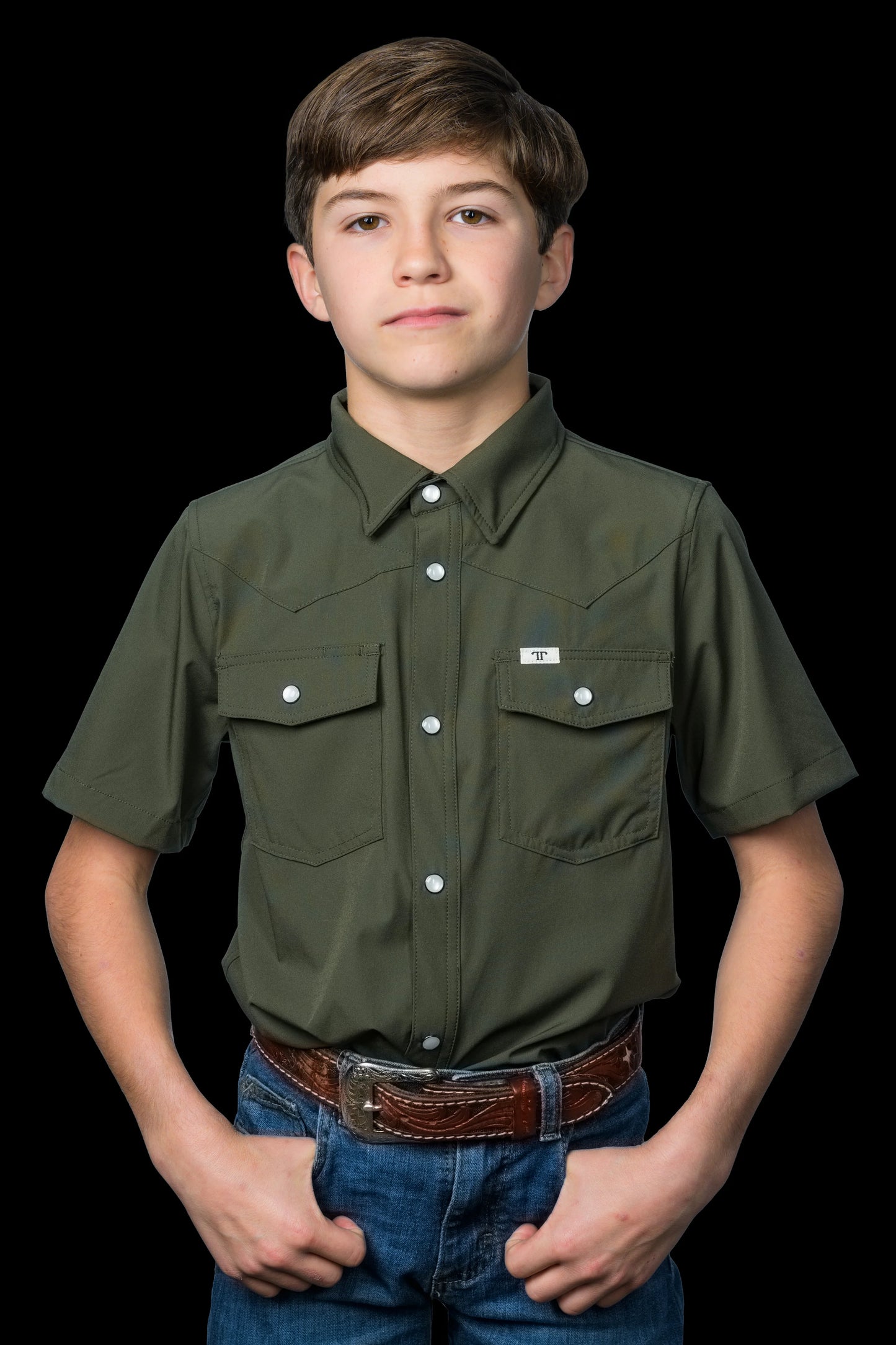 FERRELL KID'S SHORT SLEEVE SNAP SHIRT - OLIVE