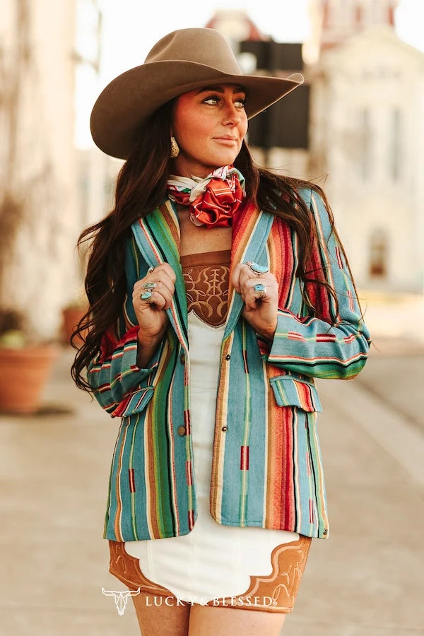 JACQUARD WOVEN JADE SERAPE MULTI CONCHO BUTTON DOWN BLAZER