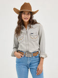 WRANGLER WOMEN'S LONG SLEEVE WESTERN SNAP W STITCHING ON POCKET DENIM SHIRT - GREY DENIM