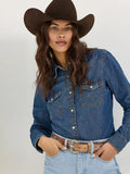 WRANGLER WOMEN'S LONG SLEEVE WESTERN SNAP DENIM SHIRT - DARK DENIM