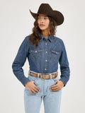 WRANGLER WOMEN'S LONG SLEEVE WESTERN SNAP DENIM SHIRT - DARK DENIM