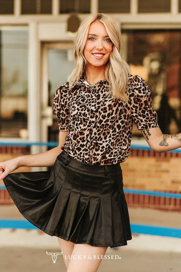 Leopard Puff Short Sleeve Studded Detail Pearl Snap Button Down Shirt