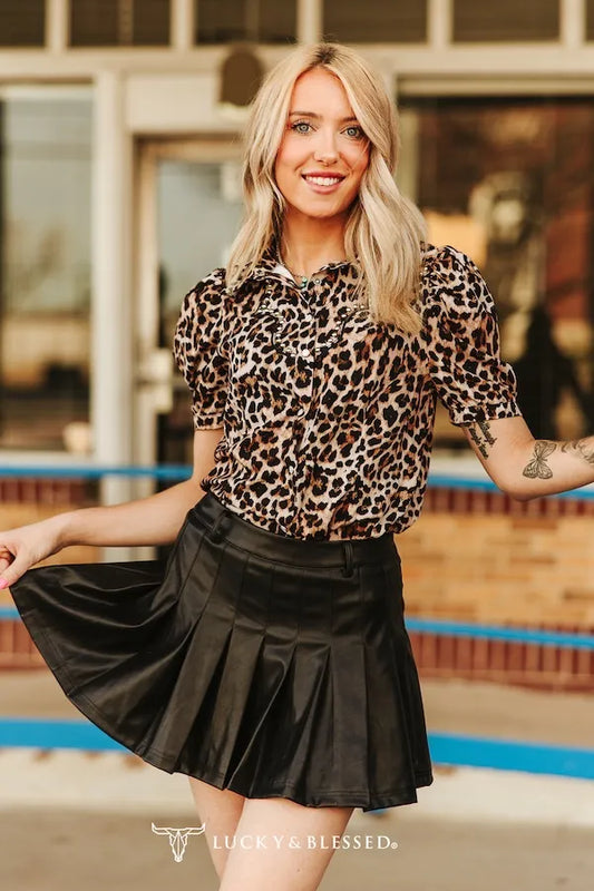 Leopard Puff Short Sleeve Studded Detail Pearl Snap Button Down Shirt
