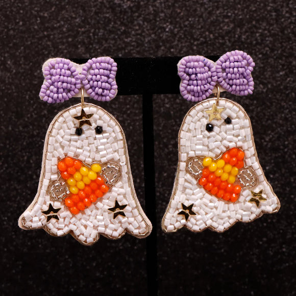 HALLOWEEN GIRLY GHOULS BEADED EARRINGS - WHITE