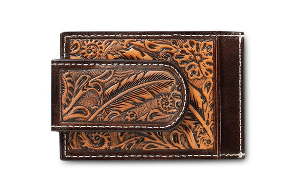 ARIAT MONEY CLIP FEATHER EMBOSSED BROWN