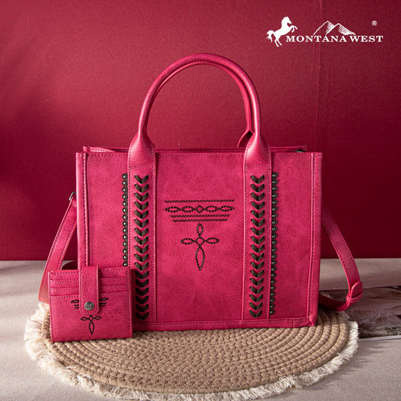 Montana West Whipstitch Concealed Carry Tote With Matching Bi-Fold Wallet - Hot Pink