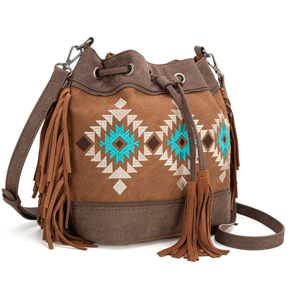 Montana West Embroidered Collection Drawstring Shoulder Bag/Crossbody - Brown