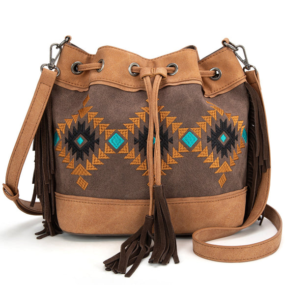 Montana West Embroidered Collection Drawstring Shoulder Bag/Crossbody - Coffee