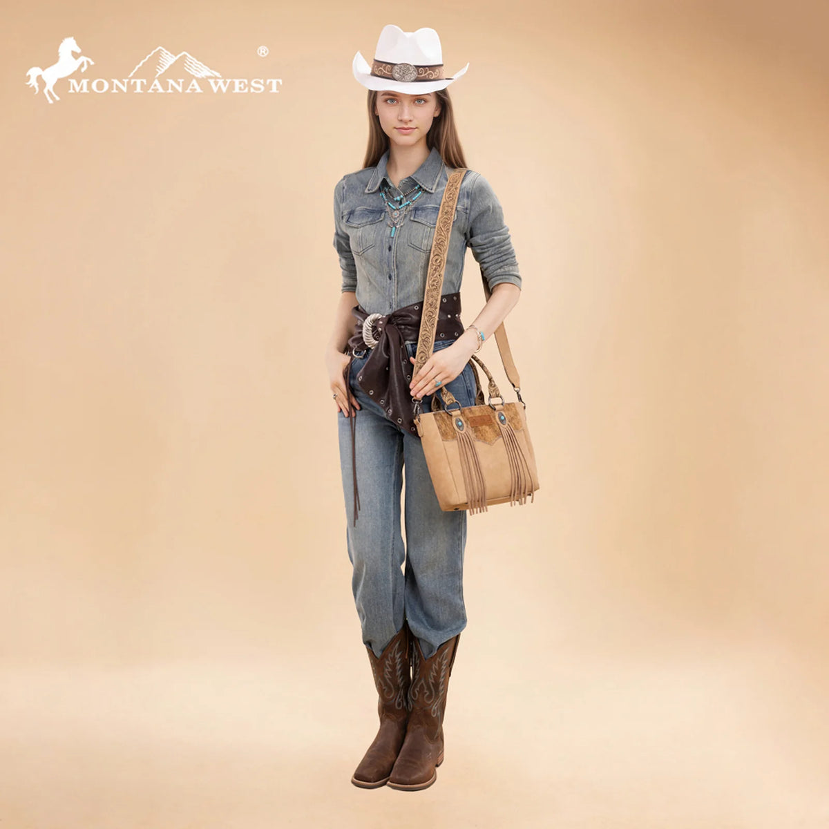 Montana West Hair-On Hide Concealed Carry Tote Bag with Tooled Strap - Beige