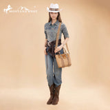 Montana West Hair-On Hide Concealed Carry Tote Bag with Tooled Strap - Beige