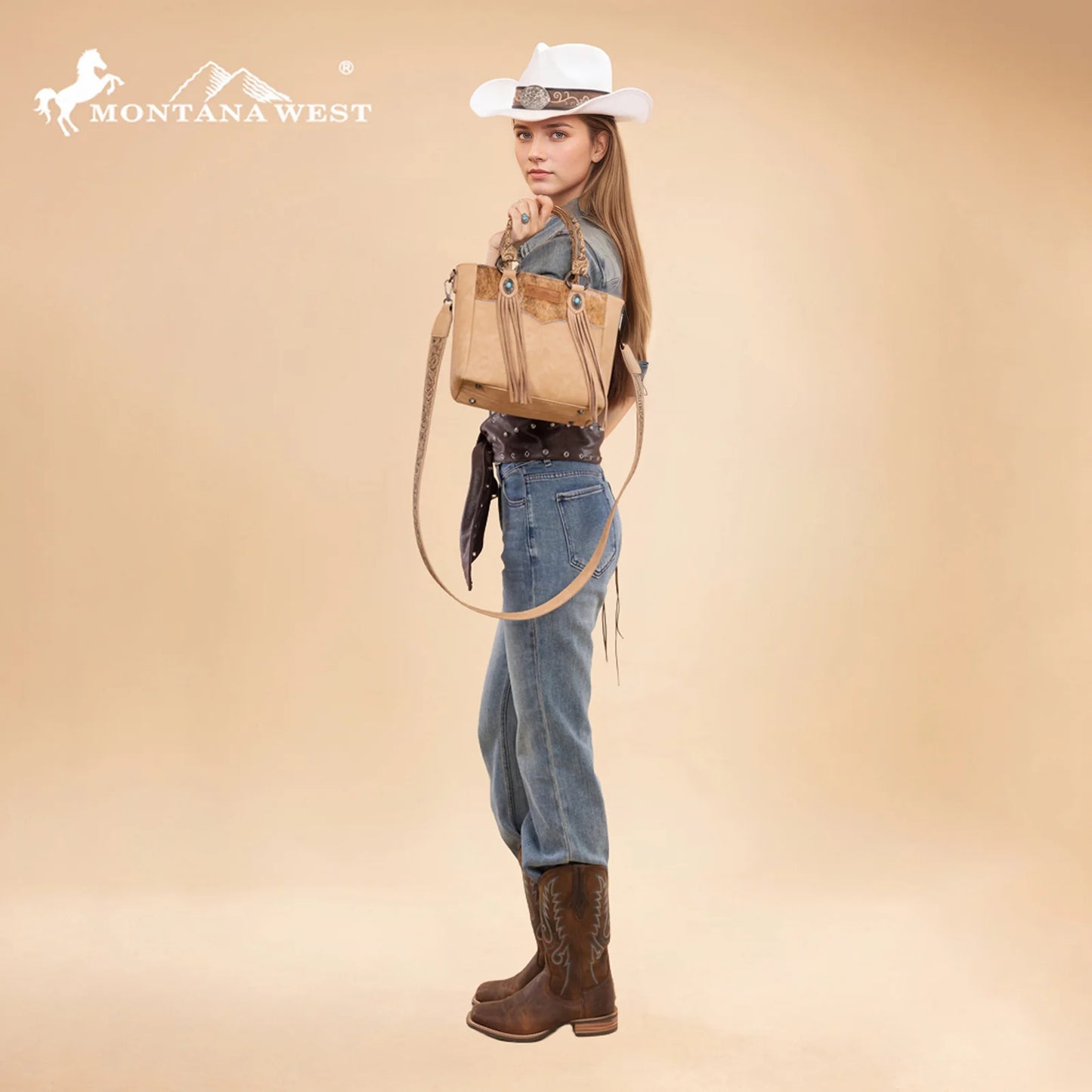 Montana West Hair-On Hide Concealed Carry Tote Bag with Tooled Strap - Beige