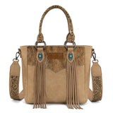Montana West Hair-On Hide Concealed Carry Tote Bag with Tooled Strap - Beige