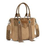 Montana West Hair-On Hide Concealed Carry Tote Bag with Tooled Strap - Beige