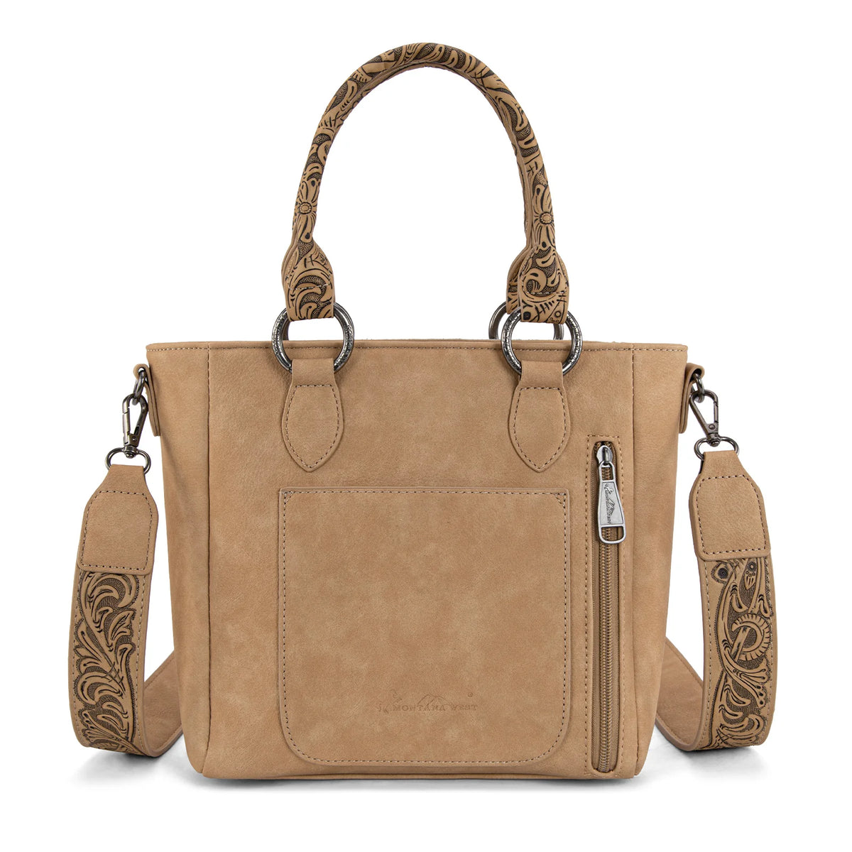Montana West Hair-On Hide Concealed Carry Tote Bag with Tooled Strap - Beige