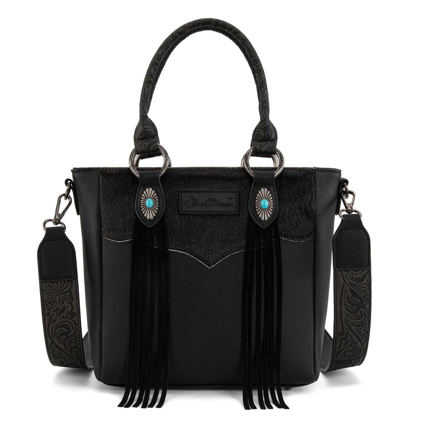 Montana West Hair-On Hide Concealed Carry Tote Bag with Tooled Strap - Black
