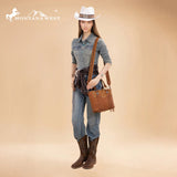 Montana West Hair-On Hide Concealed Carry Tote Bag with Tooled Strap - Brown