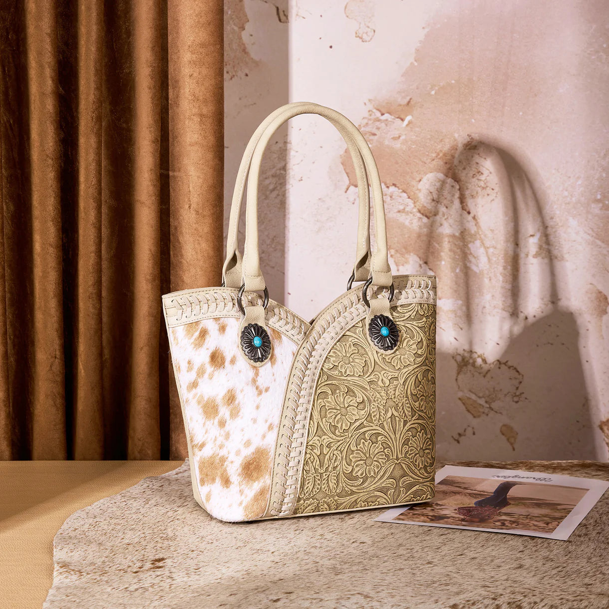 Montana West Tooled & Cowhide Whipstitch Tote Bag - Tan