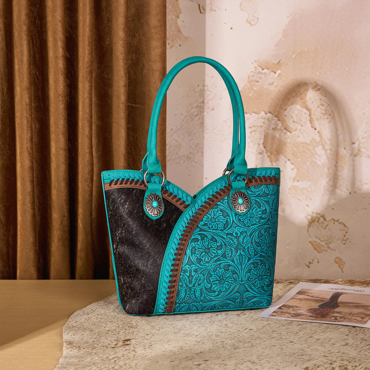 Montana West Tooled & Cowhide Whipstitch Tote Bag - Turquoise