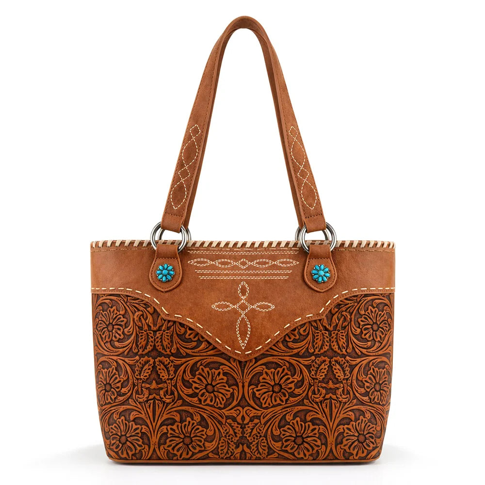 Montana West Tooled Floral Concealed Carry Tote Bag - Dark Brown