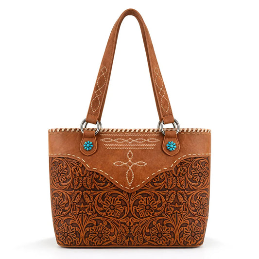 Montana West Tooled Floral Concealed Carry Tote Bag - Dark Brown