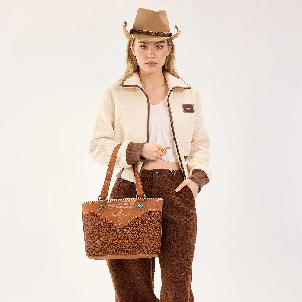Montana West Tooled Floral Concealed Carry Tote Bag - Dark Brown