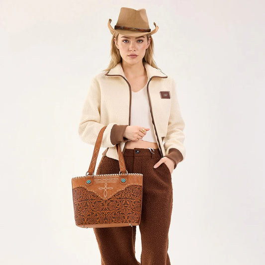 Montana West Tooled Floral Concealed Carry Tote Bag - Dark Brown