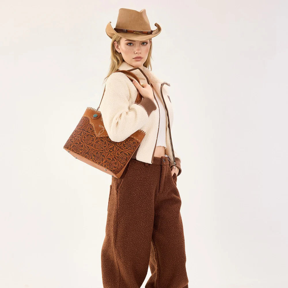 Montana West Tooled Floral Concealed Carry Tote Bag - Dark Brown