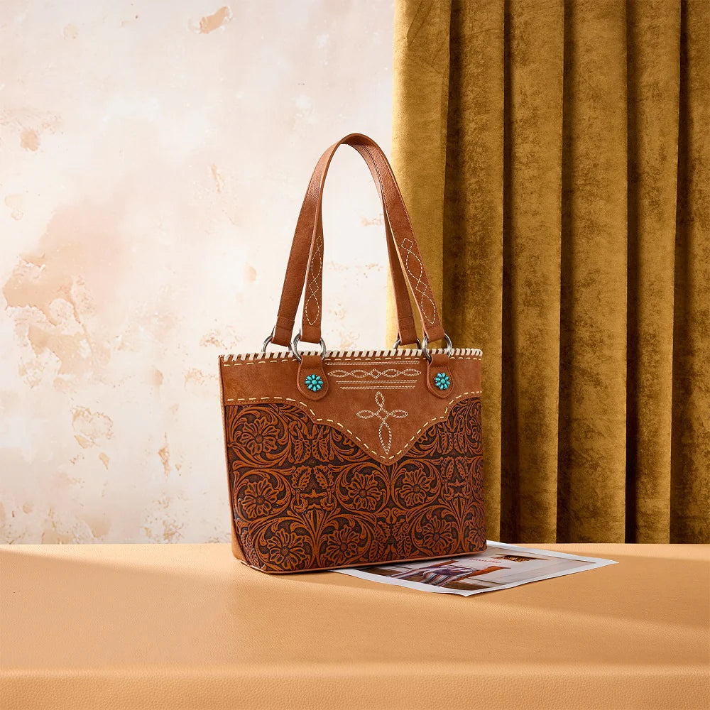 Montana West Tooled Floral Concealed Carry Tote Bag - Dark Brown