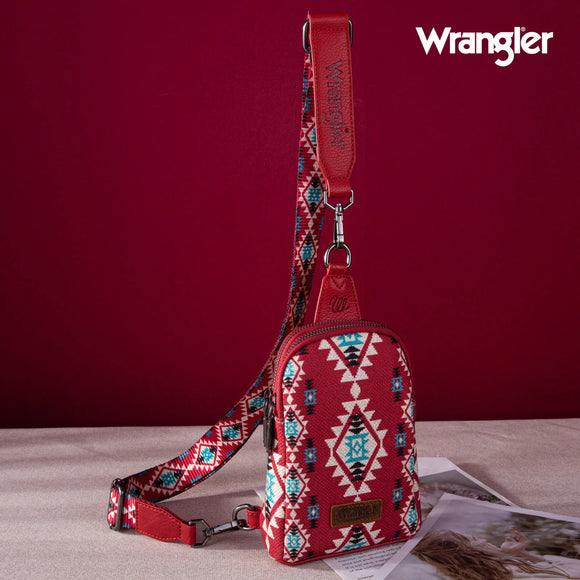 Wrangler Allover Aztec Dual Sided Print Crossbody Sling Chest Bag - BURGUNDY