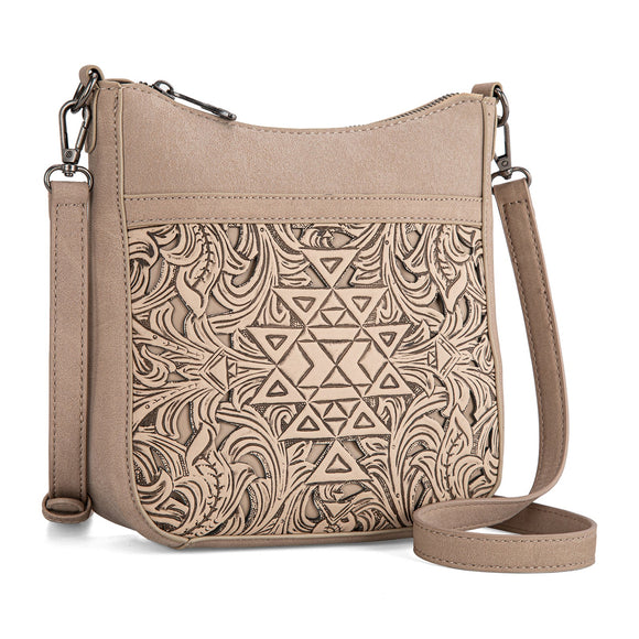 Trinity Ranch Floral Aztec Tooled Crossbody - Tan