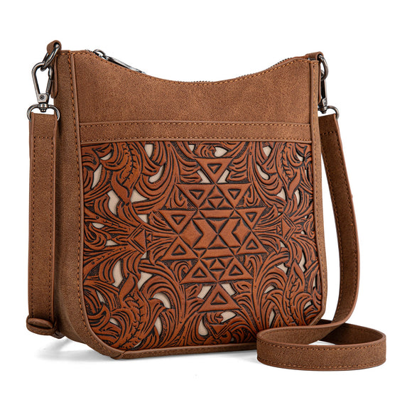 Trinity Ranch Floral Aztec Tooled Crossbody - Brown